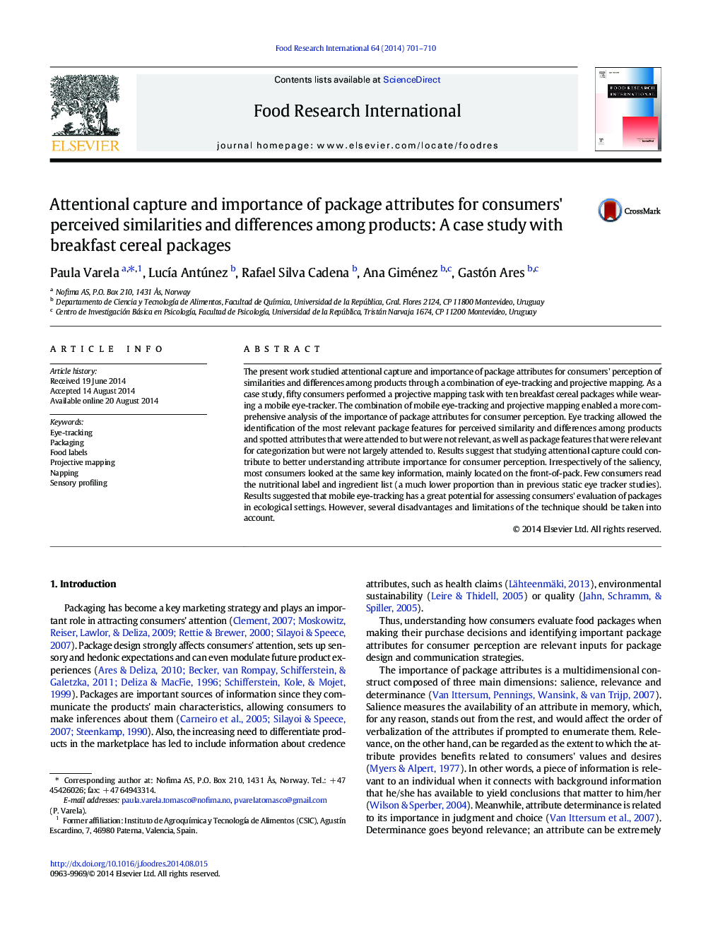 Attentional capture and importance of package attributes for consumers' perceived similarities and differences among products: A case study with breakfast cereal packages