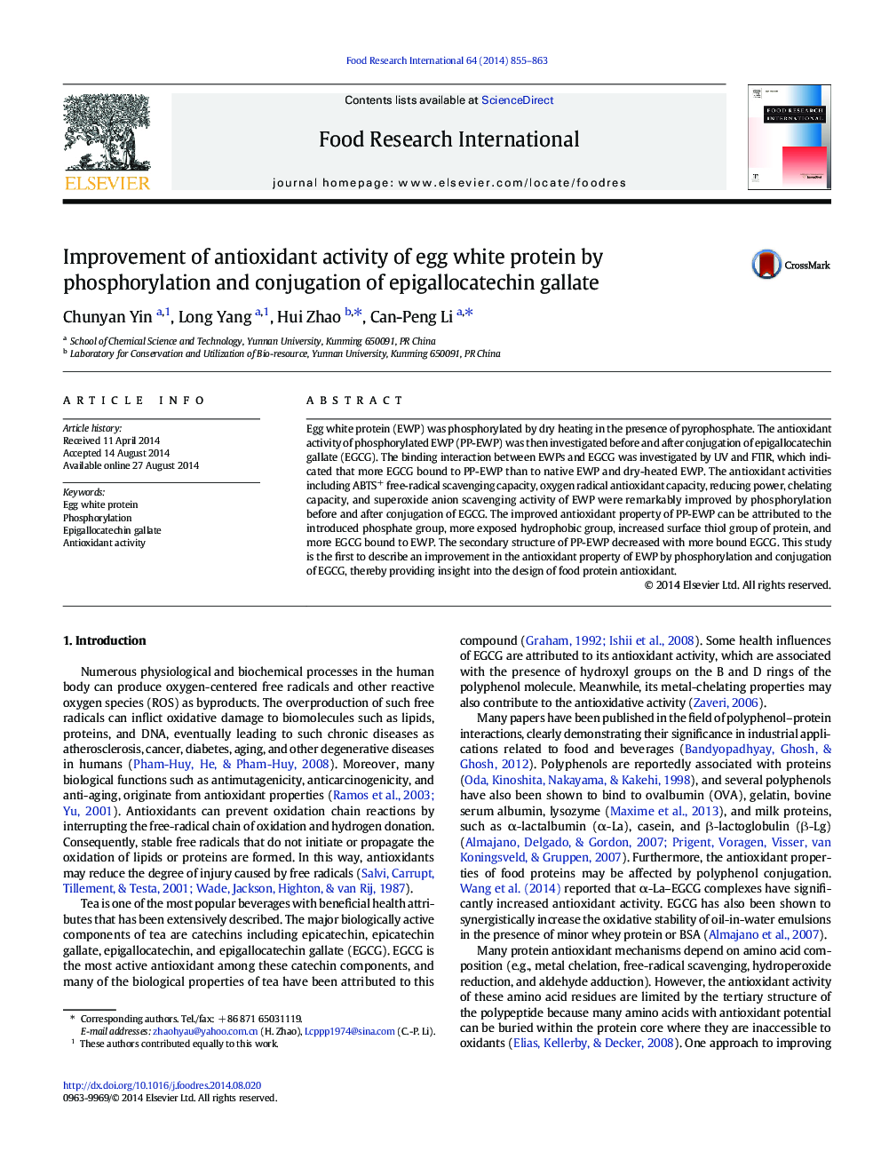 Improvement of antioxidant activity of egg white protein by phosphorylation and conjugation of epigallocatechin gallate