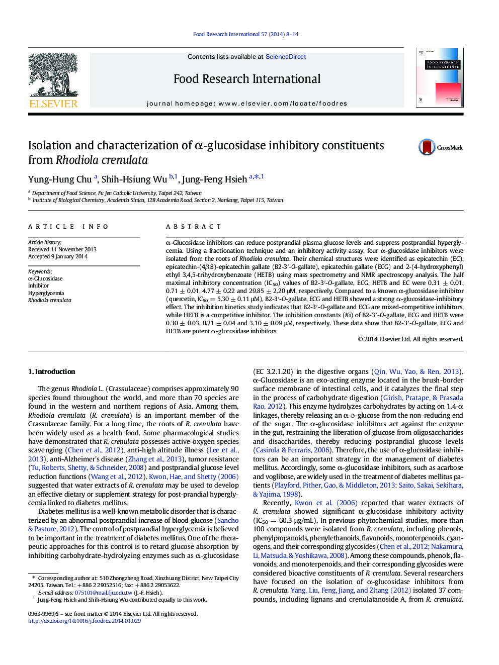 Isolation and characterization of Î±-glucosidase inhibitory constituents from Rhodiola crenulata