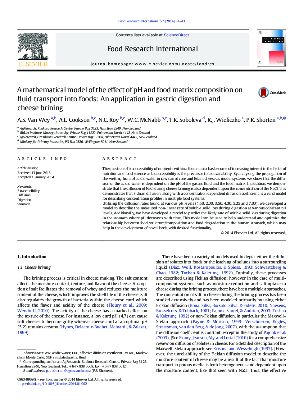 A mathematical model of the effect of pH and food matrix composition on fluid transport into foods: An application in gastric digestion and cheese brining