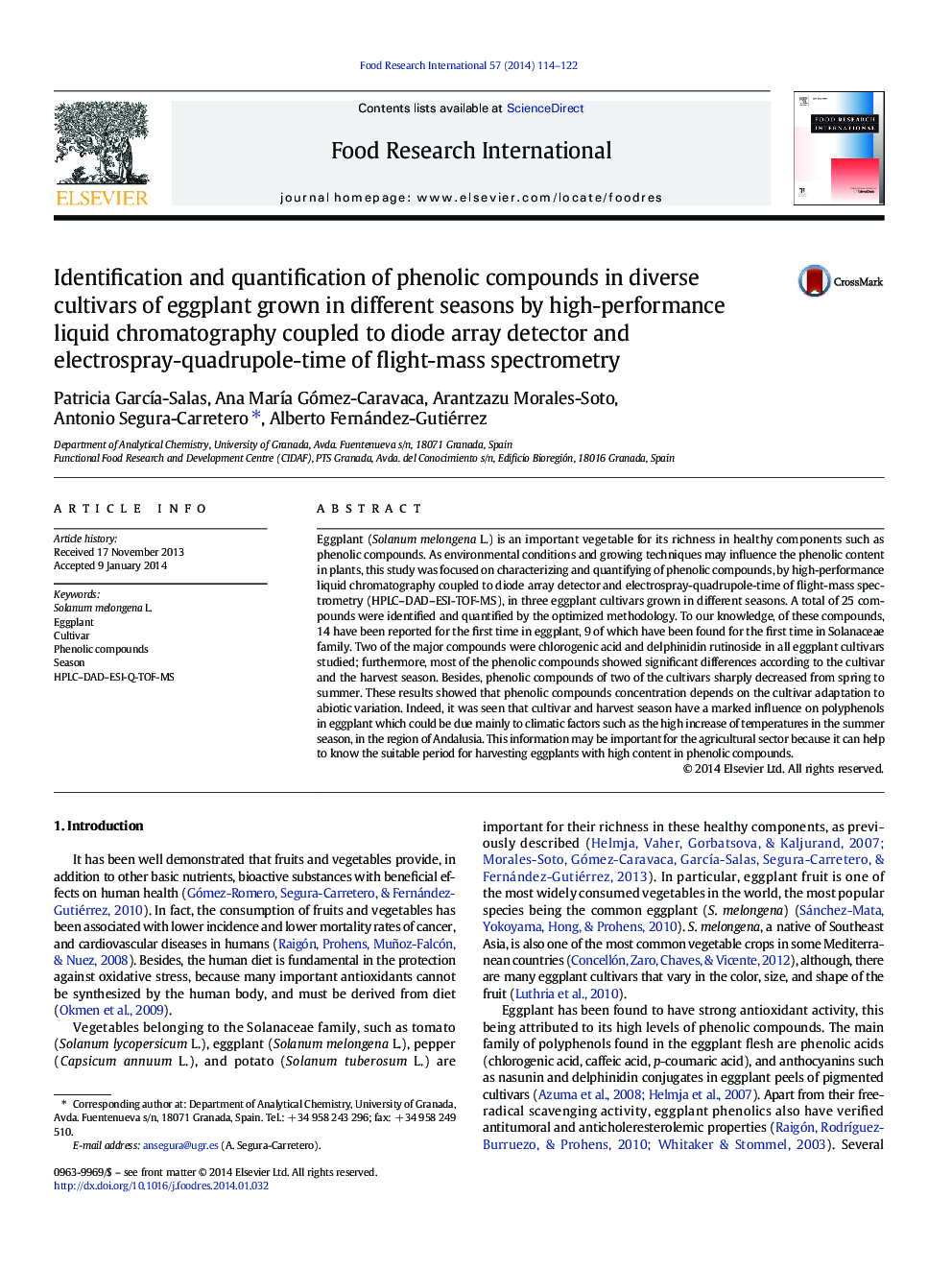 Identification and quantification of phenolic compounds in diverse cultivars of eggplant grown in different seasons by high-performance liquid chromatography coupled to diode array detector and electrospray-quadrupole-time of flight-mass spectrometry