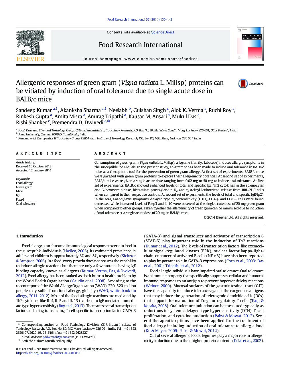 Allergenic responses of green gram (Vigna radiata L. Millsp) proteins can be vitiated by induction of oral tolerance due to single acute dose in BALB/c mice