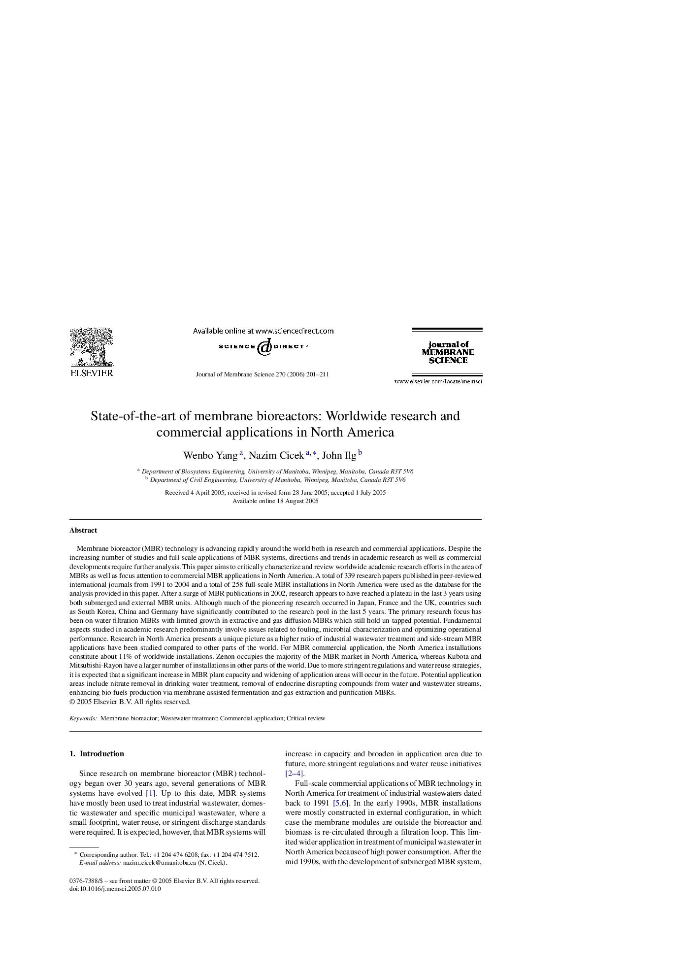 State-of-the-art of membrane bioreactors: Worldwide research and commercial applications in North America