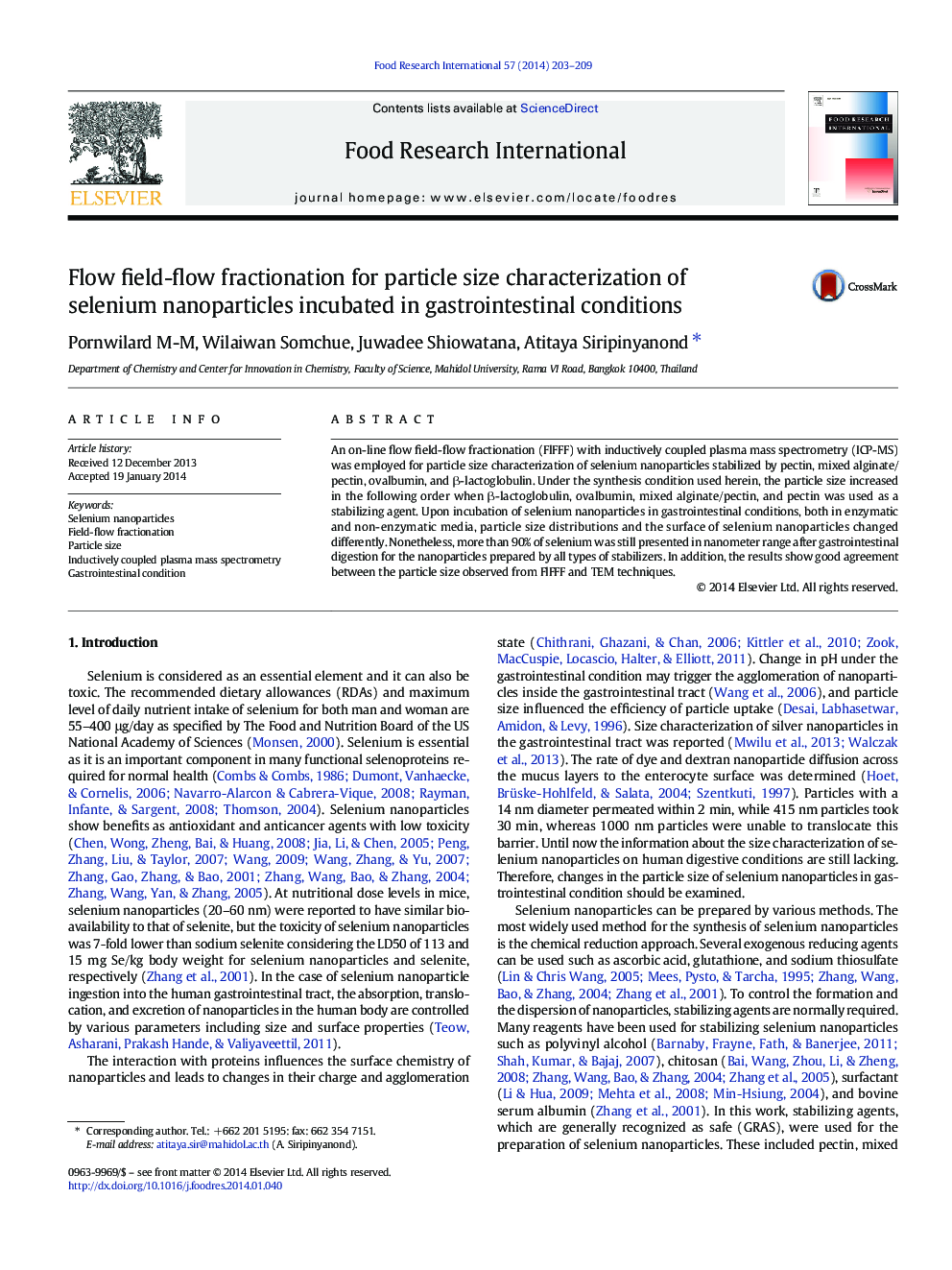 Flow field-flow fractionation for particle size characterization of selenium nanoparticles incubated in gastrointestinal conditions