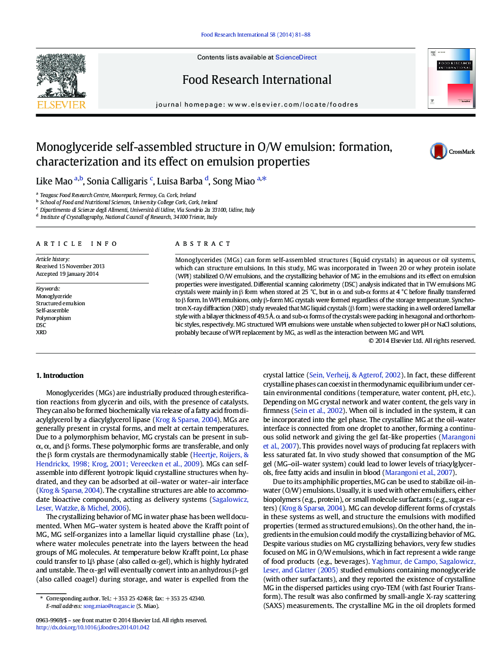 Monoglyceride self-assembled structure in O/W emulsion: formation, characterization and its effect on emulsion properties