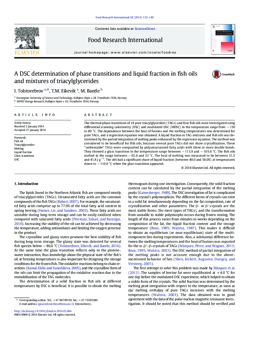 A DSC determination of phase transitions and liquid fraction in fish oils and mixtures of triacylglycerides