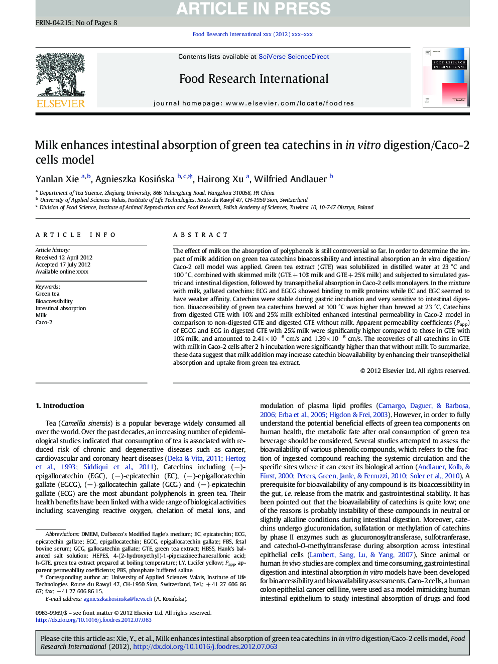 Milk enhances intestinal absorption of green tea catechins in in vitro digestion/Caco-2 cells model