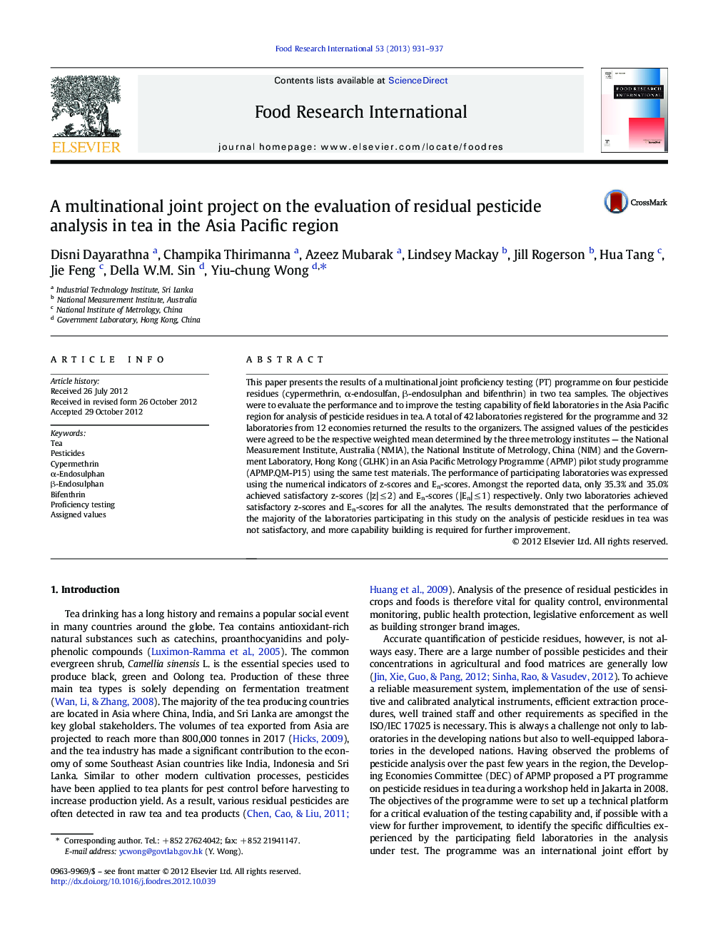 A multinational joint project on the evaluation of residual pesticide analysis in tea in the Asia Pacific region