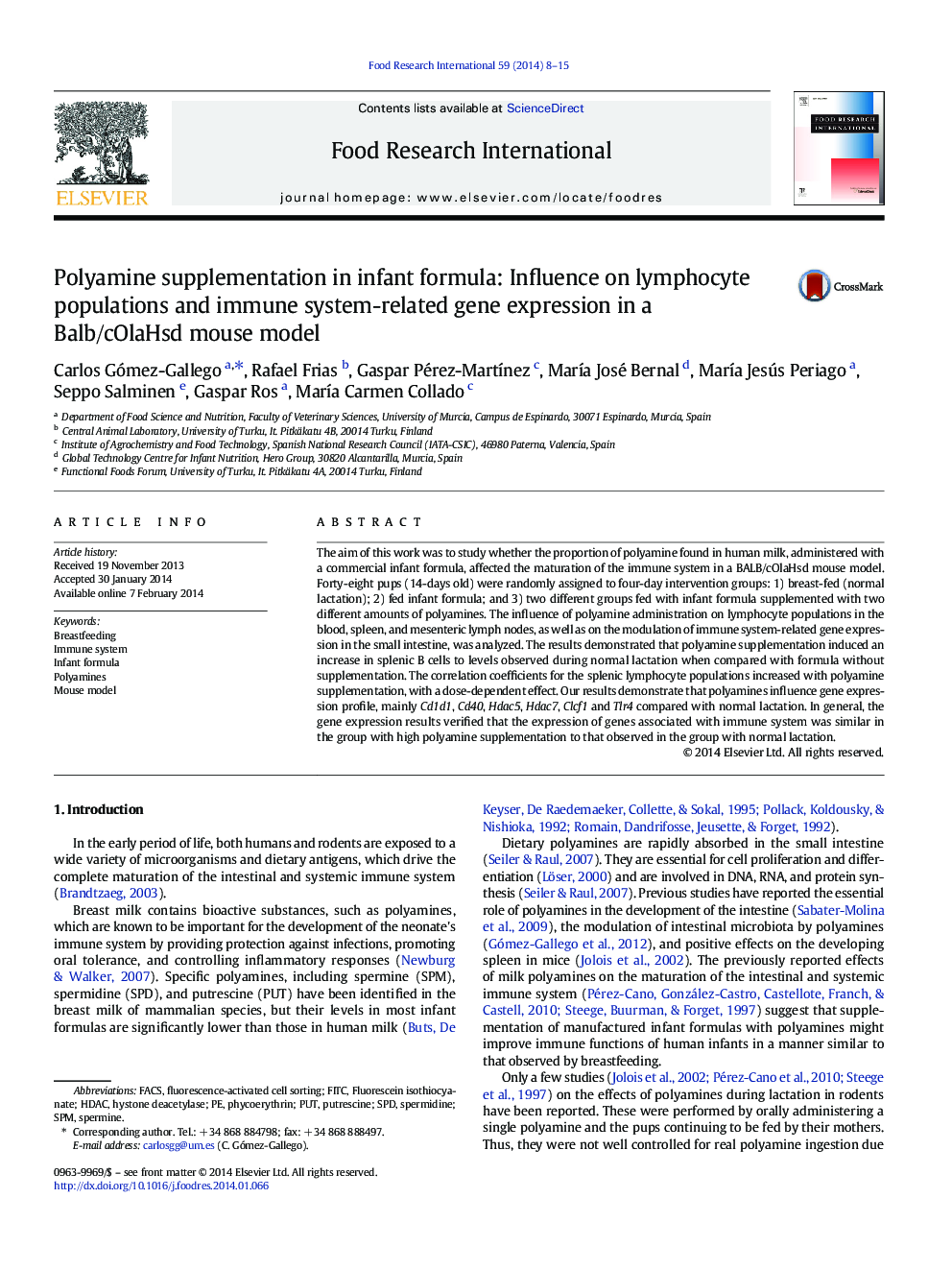 Polyamine supplementation in infant formula: Influence on lymphocyte populations and immune system-related gene expression in a Balb/cOlaHsd mouse model