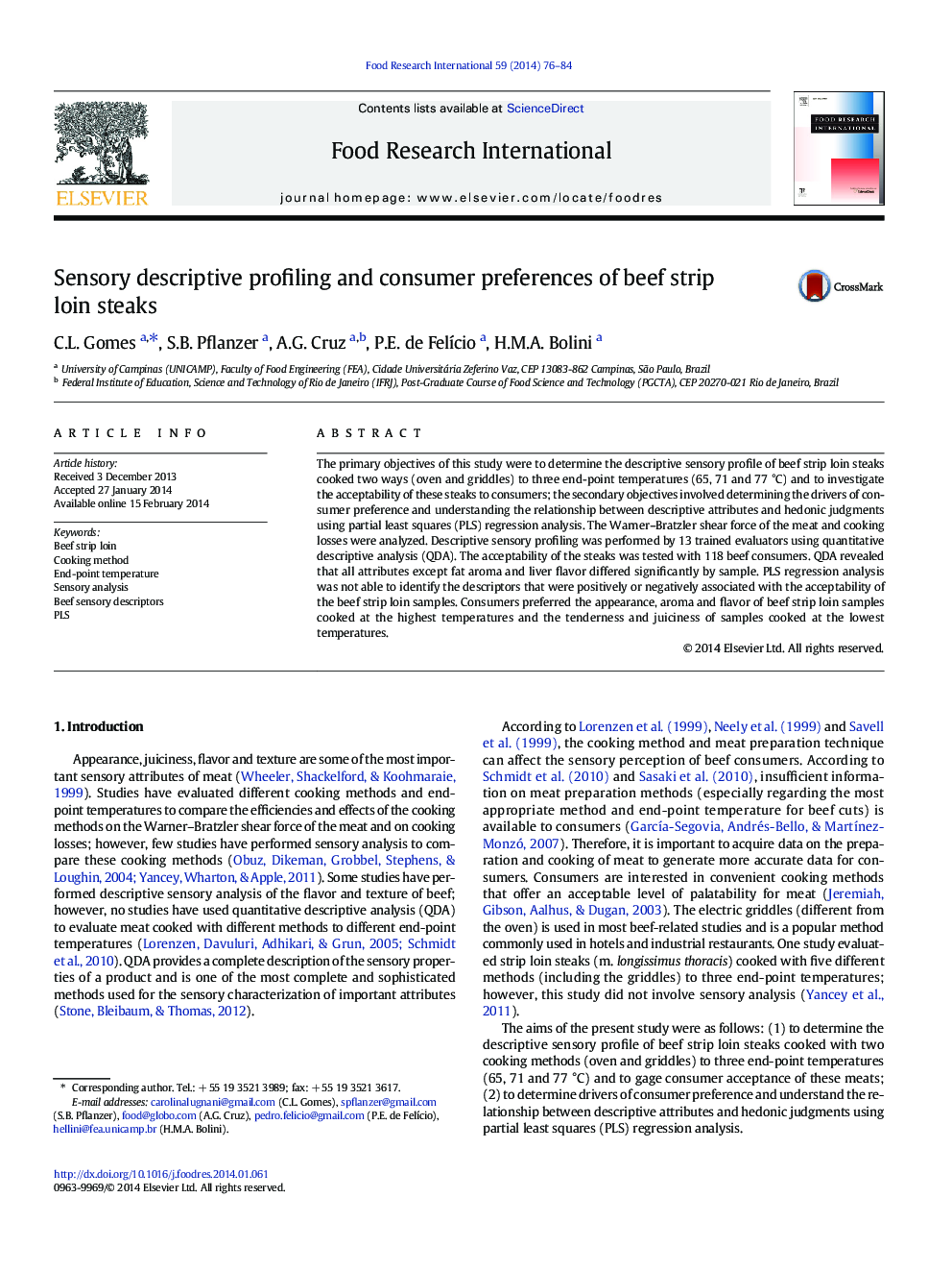 Sensory descriptive profiling and consumer preferences of beef strip loin steaks