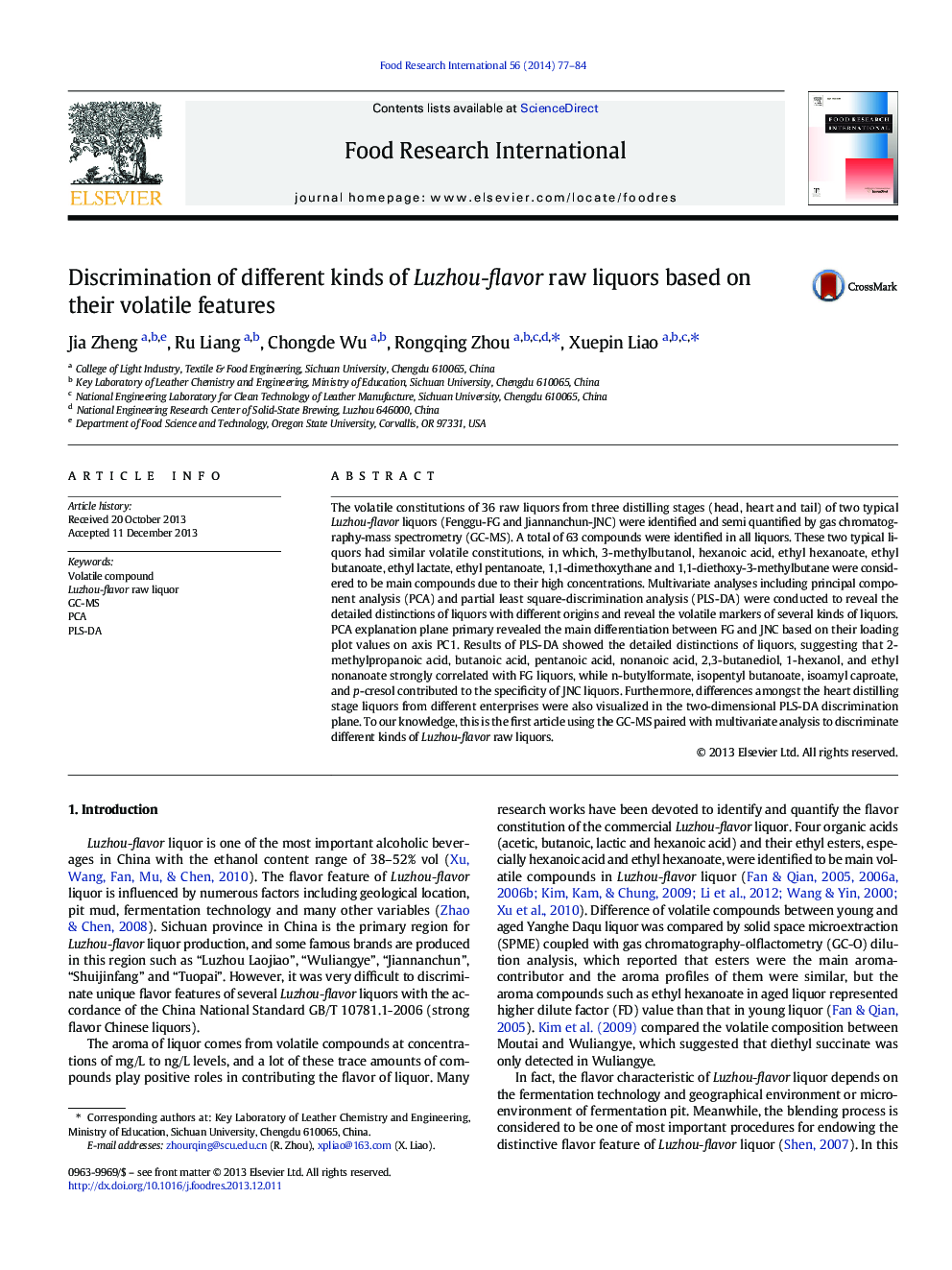 Discrimination of different kinds of Luzhou-flavor raw liquors based on their volatile features