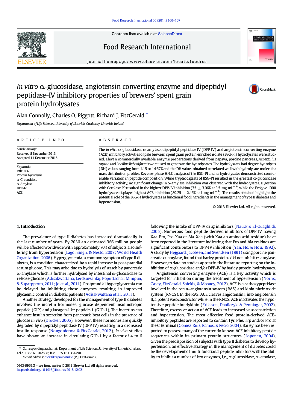 In vitro Î±-glucosidase, angiotensin converting enzyme and dipeptidyl peptidase-IV inhibitory properties of brewers' spent grain protein hydrolysates