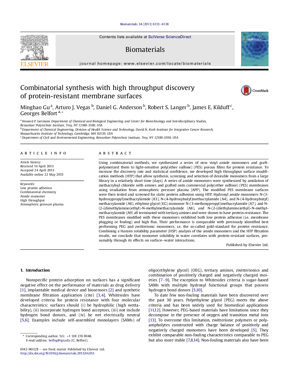 Combinatorial synthesis with high throughput discovery of protein-resistant membrane surfaces