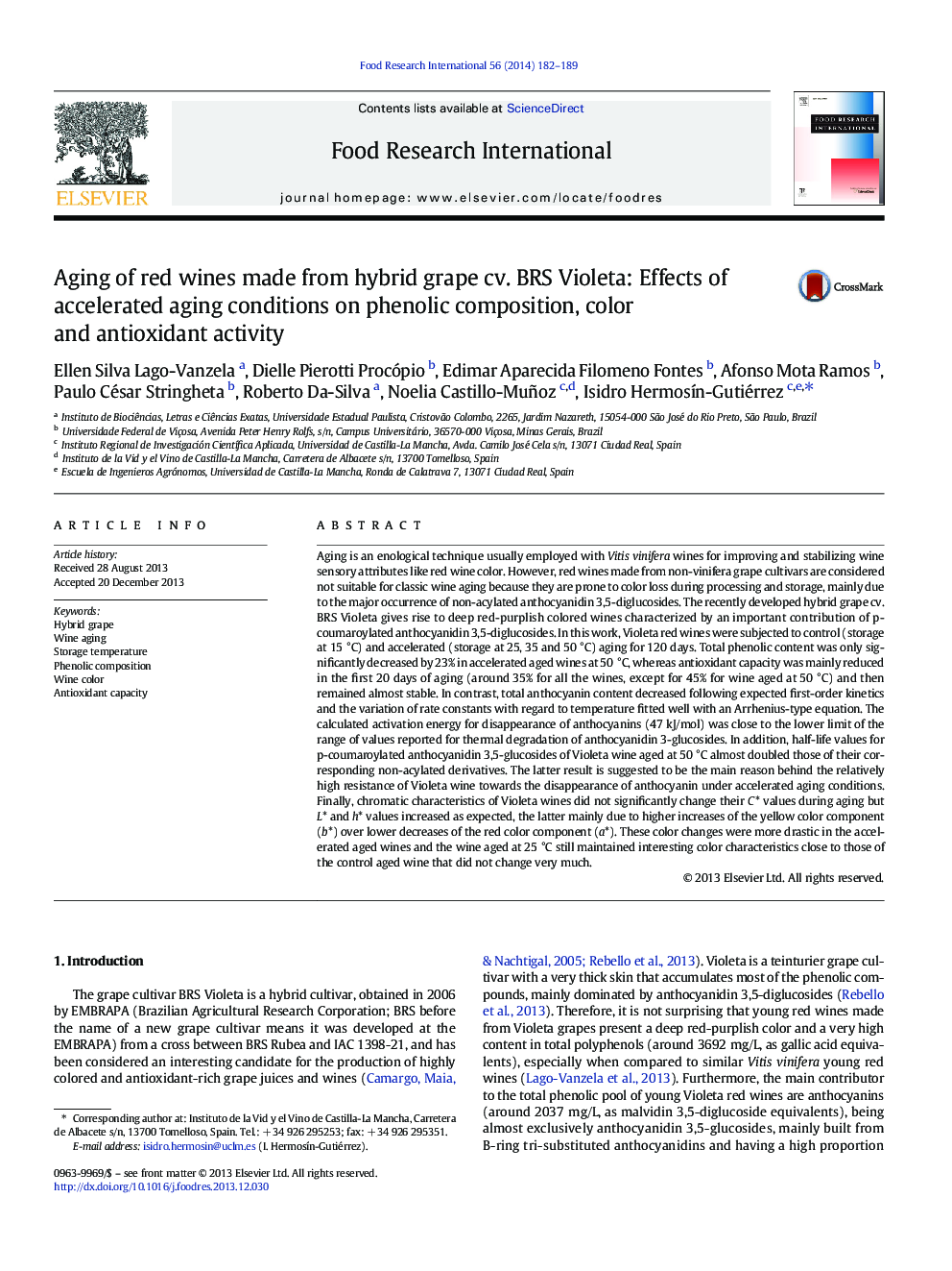 Aging of red wines made from hybrid grape cv. BRS Violeta: Effects of accelerated aging conditions on phenolic composition, color and antioxidant activity