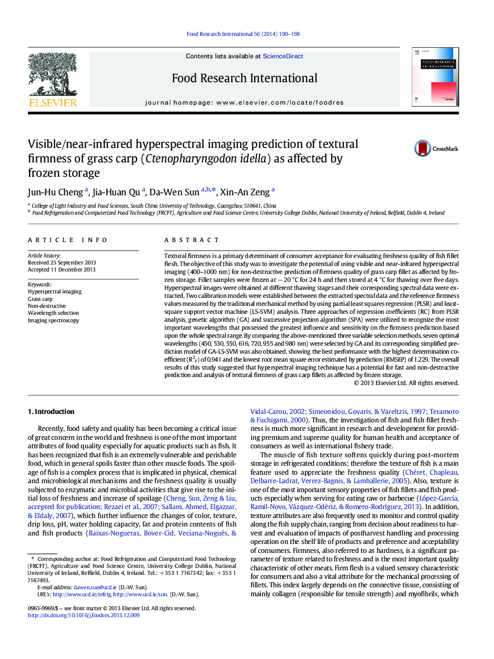 Visible/near-infrared hyperspectral imaging prediction of textural firmness of grass carp (Ctenopharyngodon idella) as affected by frozen storage