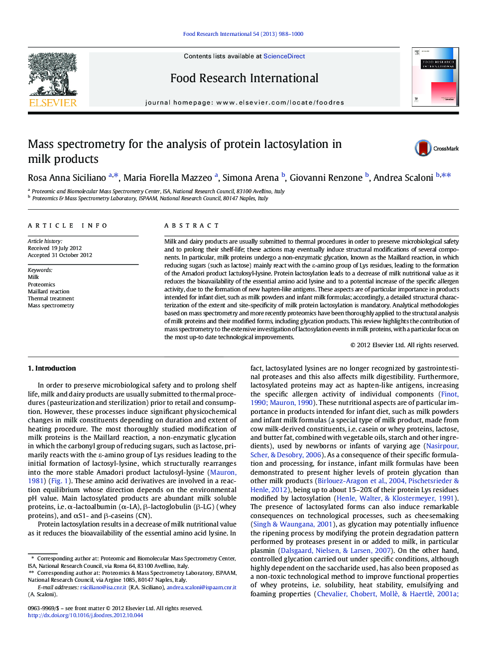 Mass spectrometry for the analysis of protein lactosylation in milk products