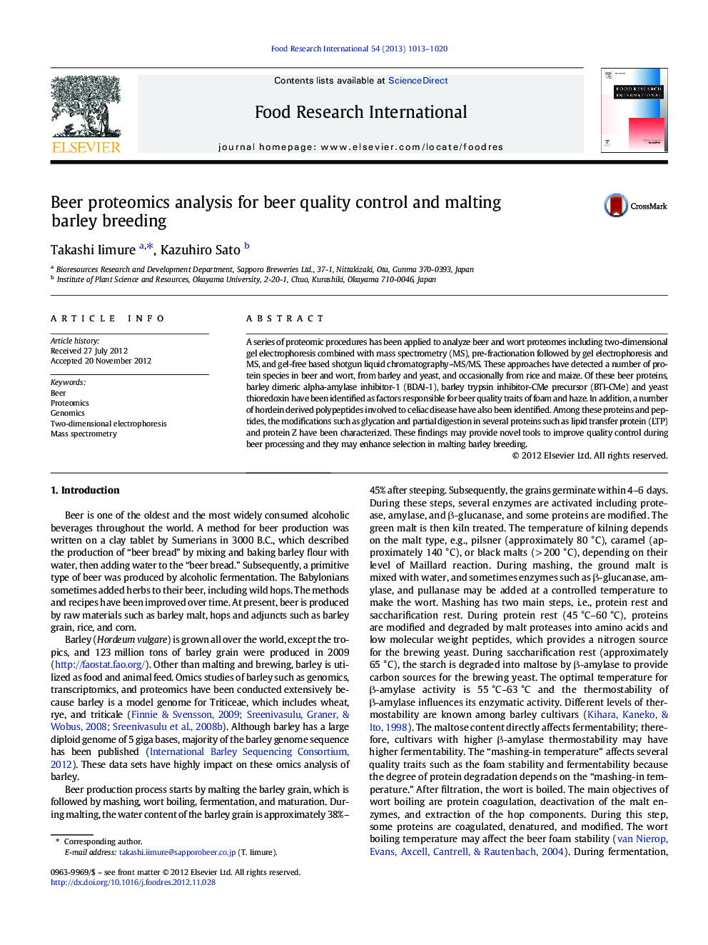 Beer proteomics analysis for beer quality control and malting barley breeding