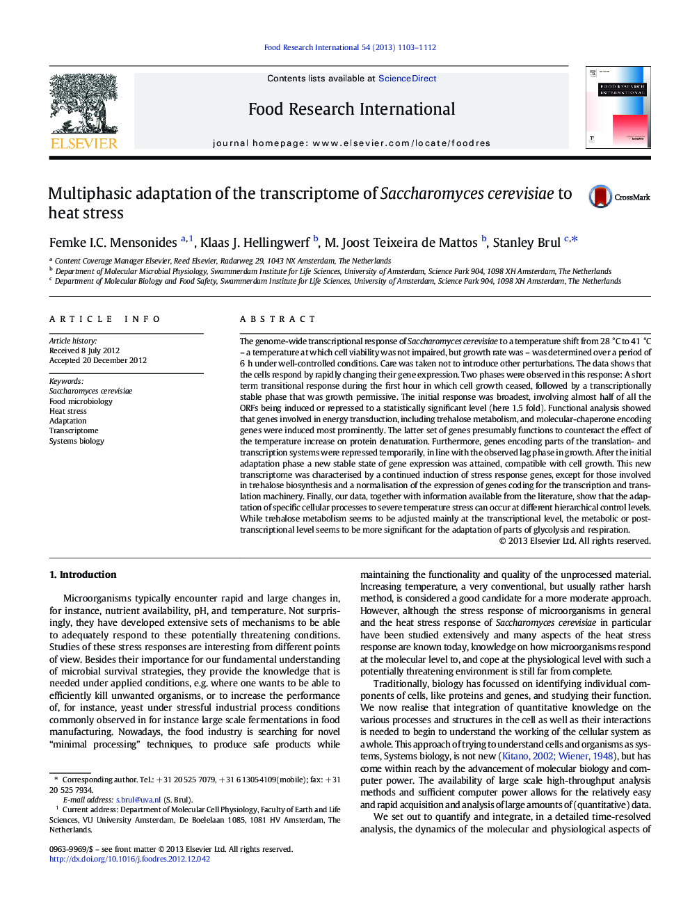 Multiphasic adaptation of the transcriptome of Saccharomyces cerevisiae to heat stress