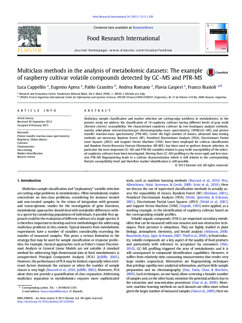 Multiclass methods in the analysis of metabolomic datasets: The example of raspberry cultivar volatile compounds detected by GC-MS and PTR-MS