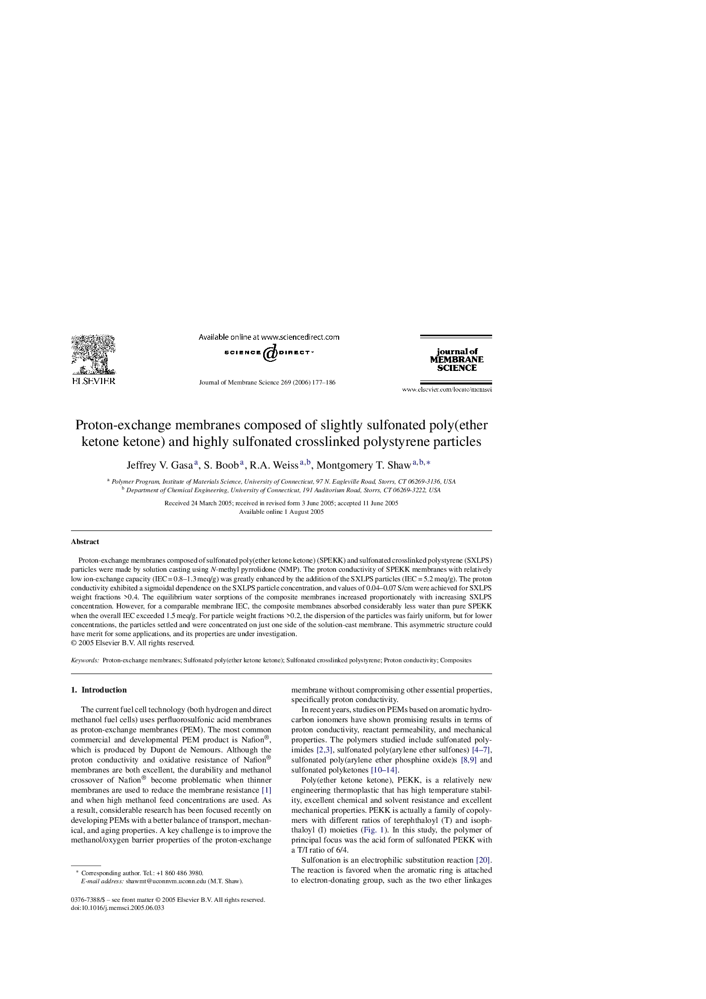 Proton-exchange membranes composed of slightly sulfonated poly(ether ketone ketone) and highly sulfonated crosslinked polystyrene particles