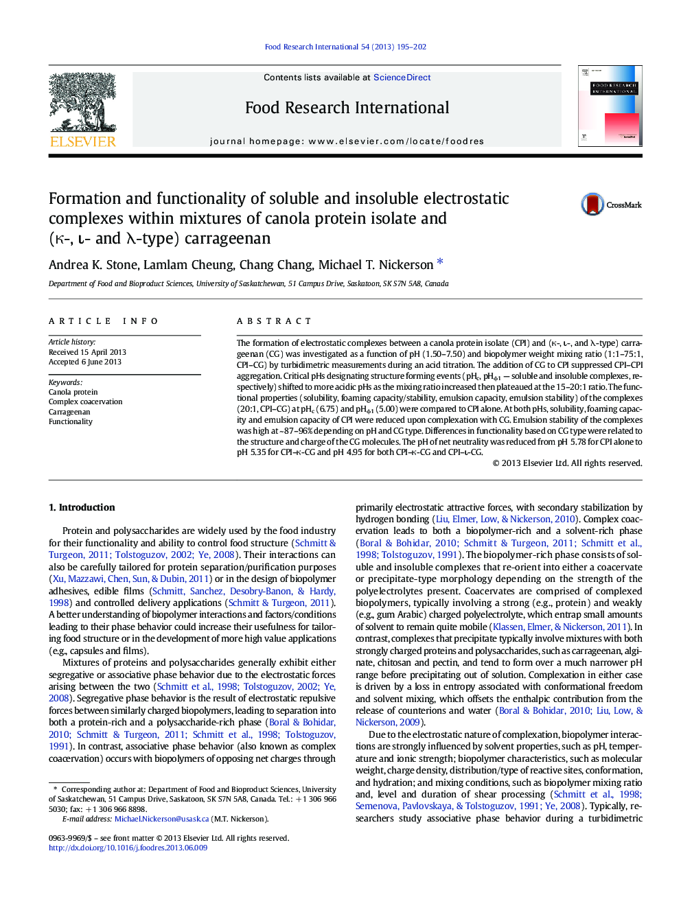 Formation and functionality of soluble and insoluble electrostatic complexes within mixtures of canola protein isolate and (Îº-, Î¹- and Î»-type) carrageenan