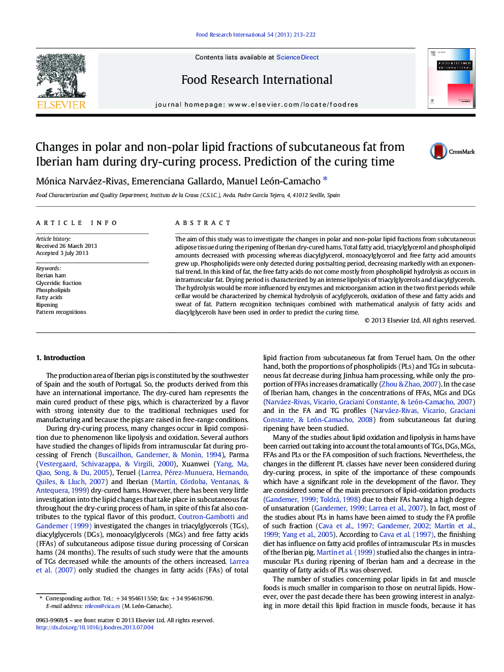 Changes in polar and non-polar lipid fractions of subcutaneous fat from Iberian ham during dry-curing process. Prediction of the curing time