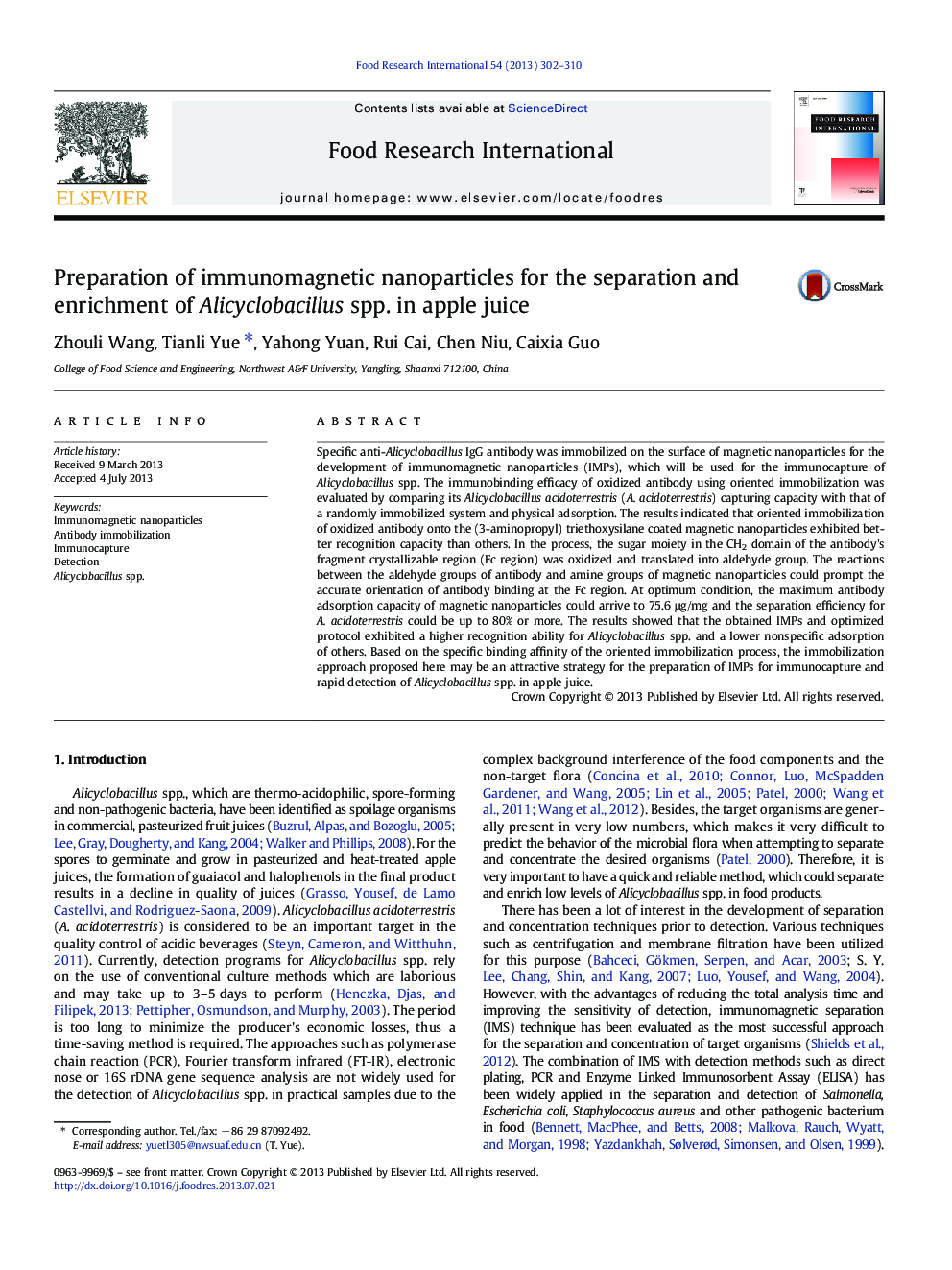 Preparation of immunomagnetic nanoparticles for the separation and enrichment of Alicyclobacillus spp. in apple juice