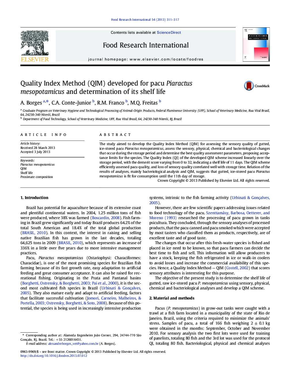 Quality Index Method (QIM) developed for pacu Piaractus mesopotamicus and determination of its shelf life