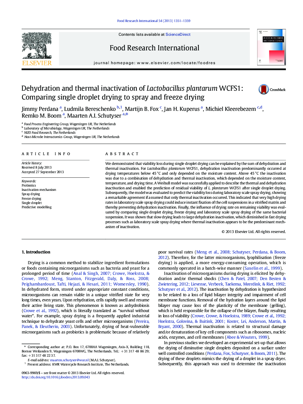 Dehydration and thermal inactivation of Lactobacillus plantarum WCFS1: Comparing single droplet drying to spray and freeze drying