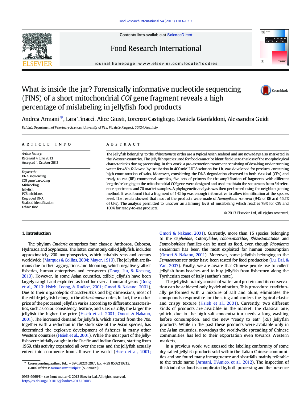 What is inside the jar? Forensically informative nucleotide sequencing (FINS) of a short mitochondrial COI gene fragment reveals a high percentage of mislabeling in jellyfish food products