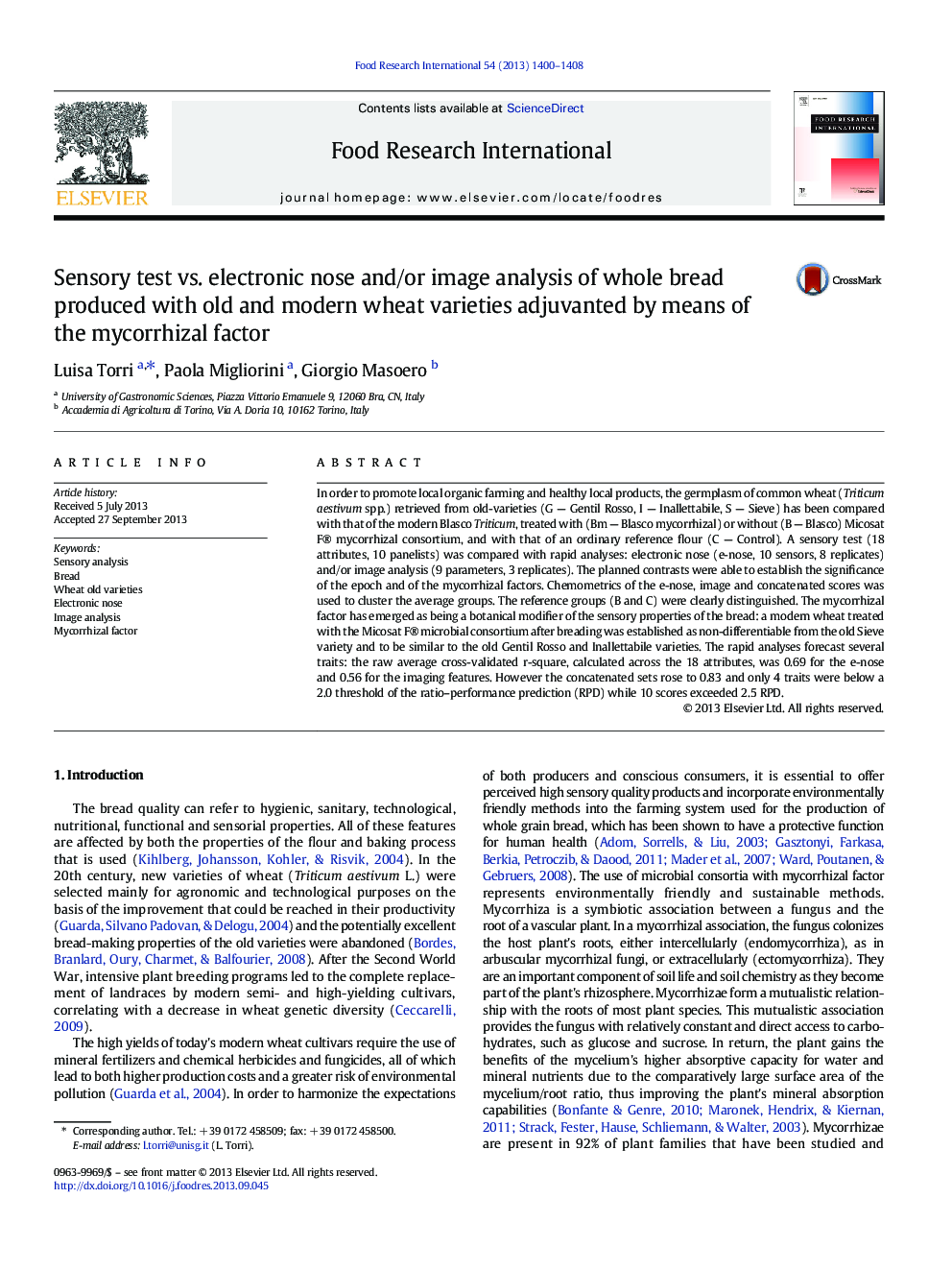 Sensory test vs. electronic nose and/or image analysis of whole bread produced with old and modern wheat varieties adjuvanted by means of the mycorrhizal factor