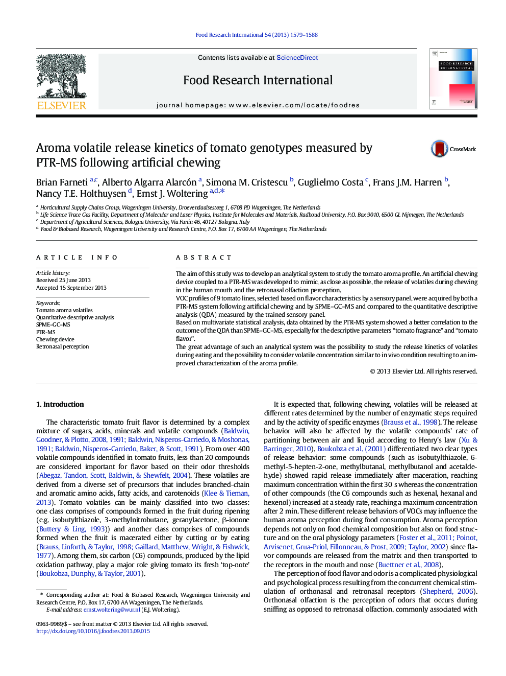 Aroma volatile release kinetics of tomato genotypes measured by PTR-MS following artificial chewing