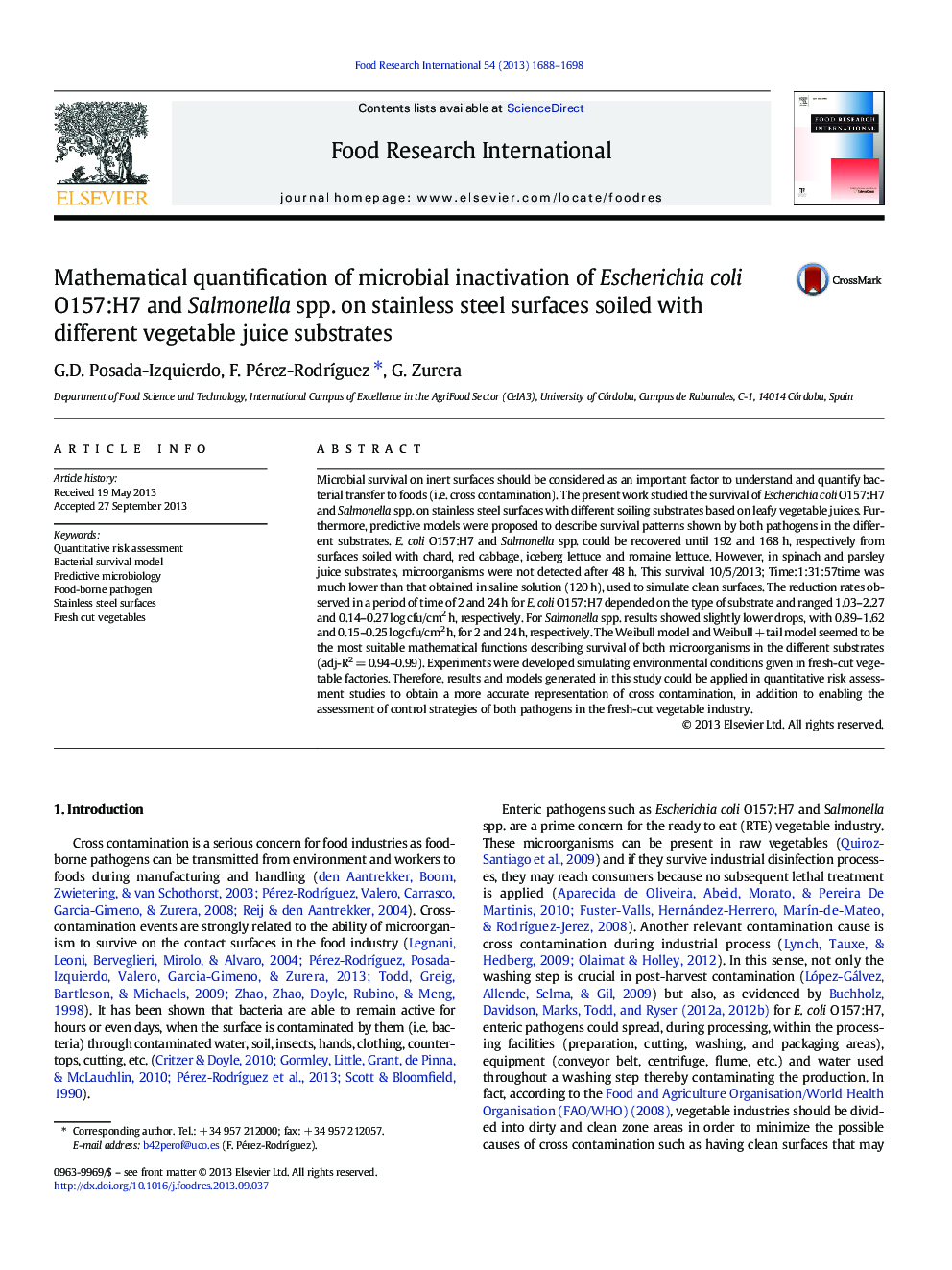 Mathematical quantification of microbial inactivation of Escherichia coli O157:H7 and Salmonella spp. on stainless steel surfaces soiled with different vegetable juice substrates