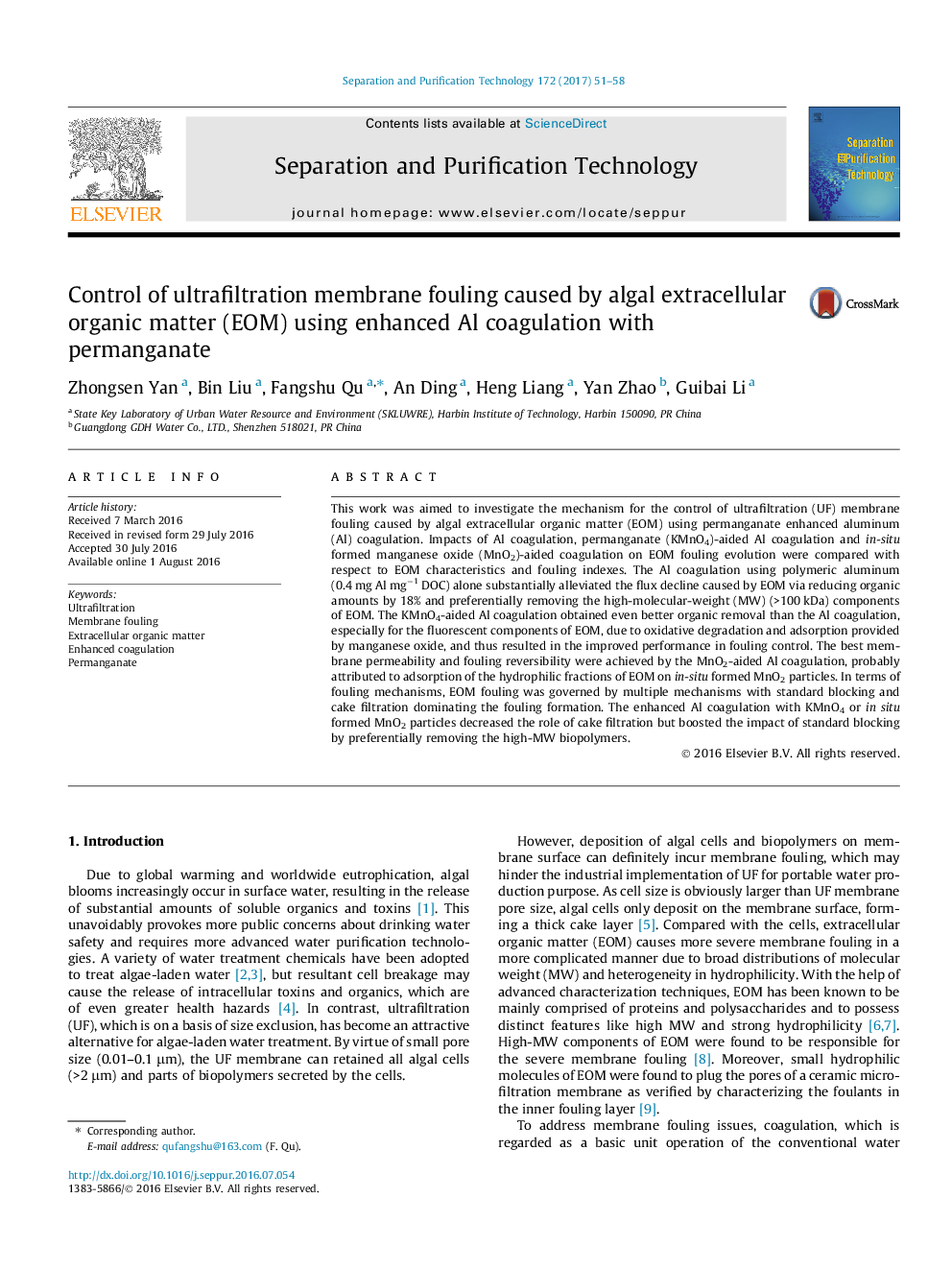 Control of ultrafiltration membrane fouling caused by algal extracellular organic matter (EOM) using enhanced Al coagulation with permanganate