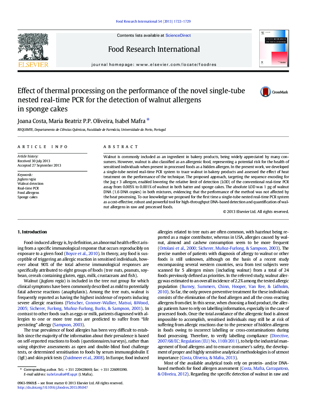 Effect of thermal processing on the performance of the novel single-tube nested real-time PCR for the detection of walnut allergens in sponge cakes