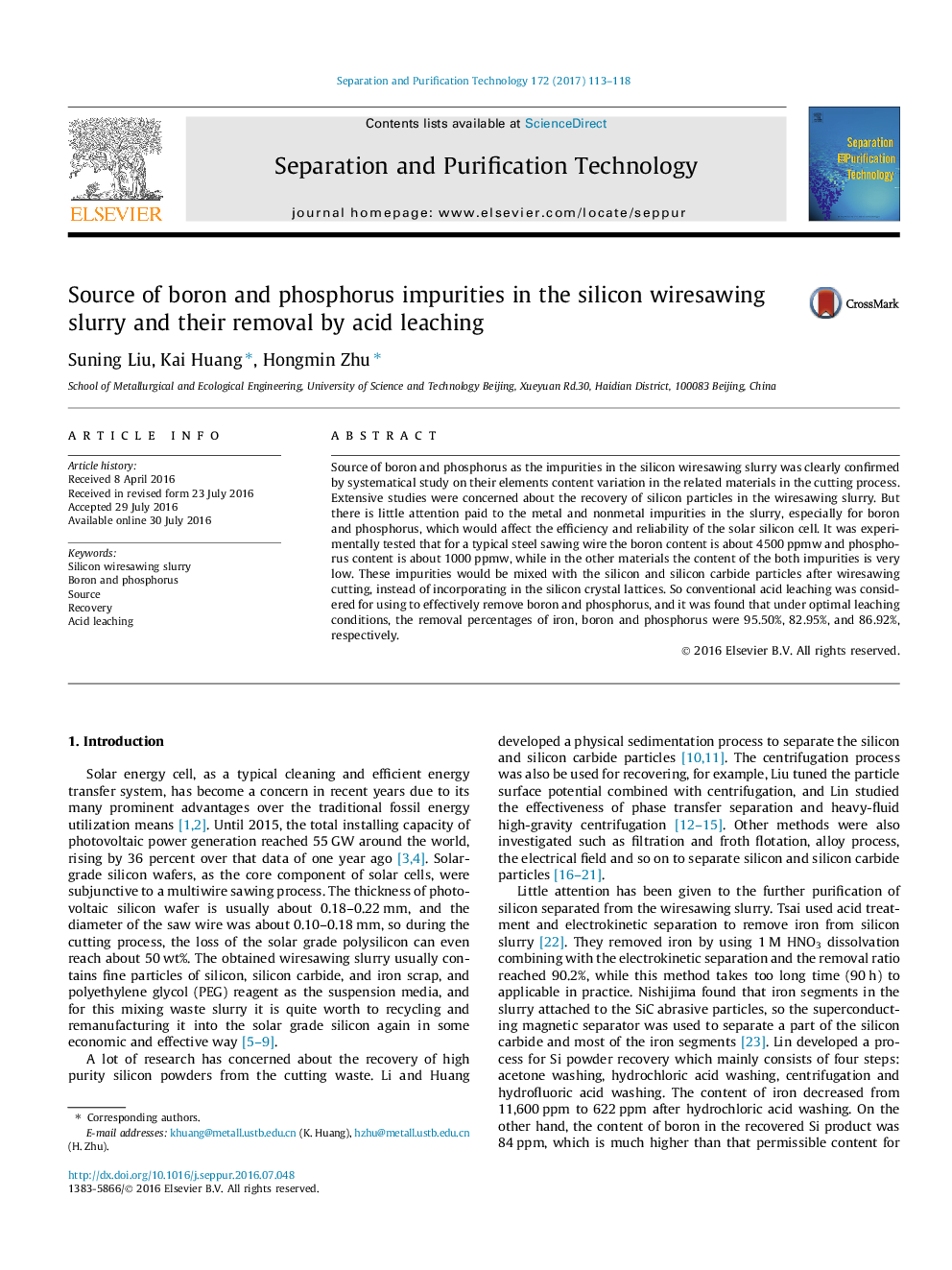 Source of boron and phosphorus impurities in the silicon wiresawing slurry and their removal by acid leaching