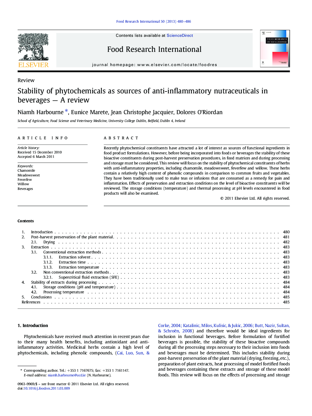 ReviewStability of phytochemicals as sources of anti-inflammatory nutraceuticals in beverages - A review