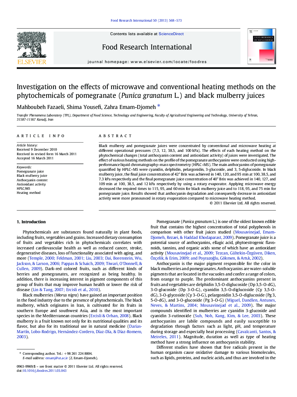 Investigation on the effects of microwave and conventional heating methods on the phytochemicals of pomegranate (Punica granatum L.) and black mulberry juices