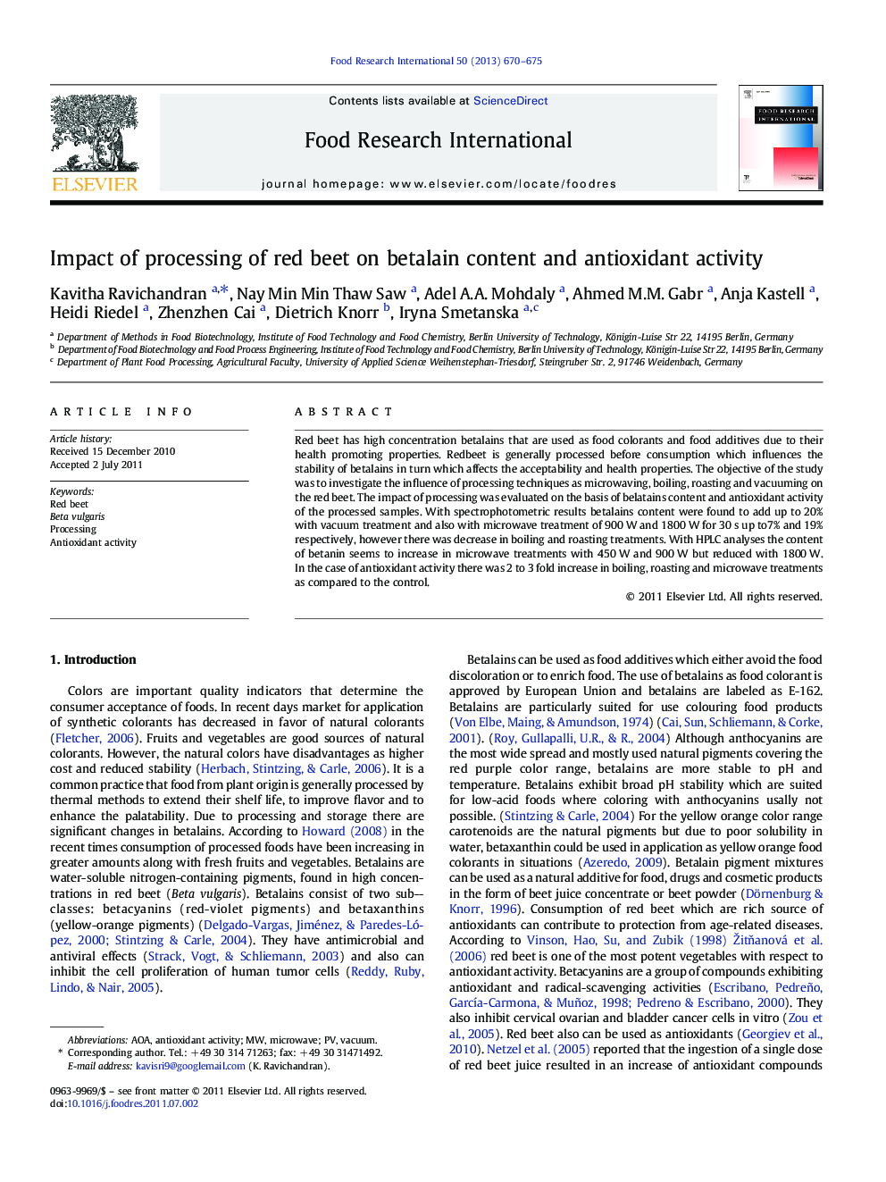 Impact of processing of red beet on betalain content and antioxidant activity