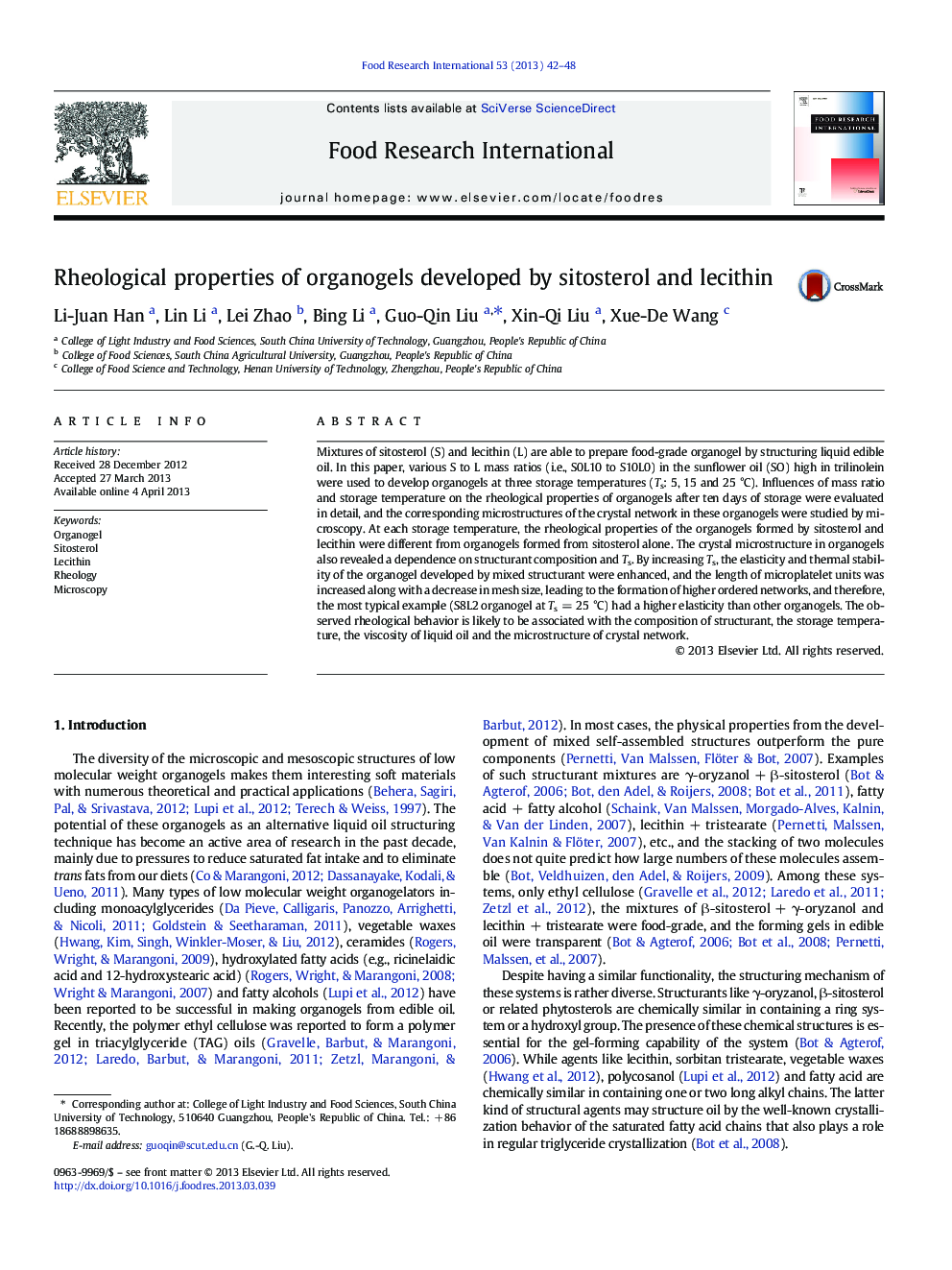 Rheological properties of organogels developed by sitosterol and lecithin