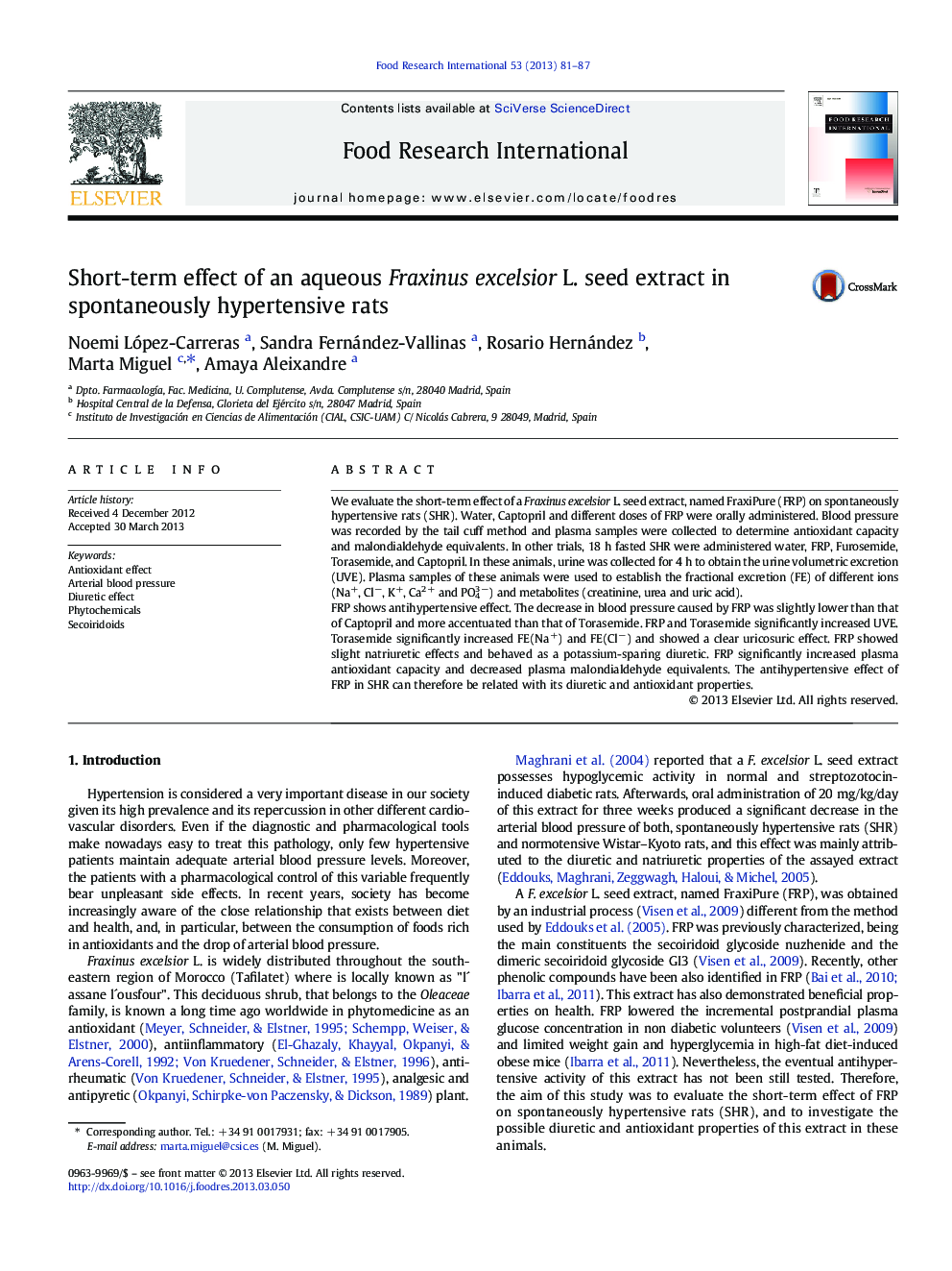 Short-term effect of an aqueous Fraxinus excelsior L. seed extract in spontaneously hypertensive rats