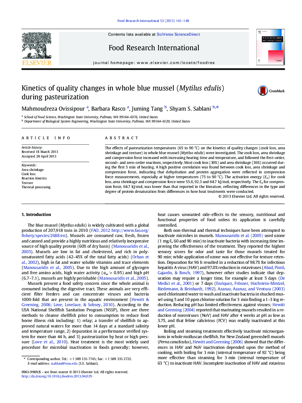 Kinetics of quality changes in whole blue mussel (Mytilus edulis) during pasteurization