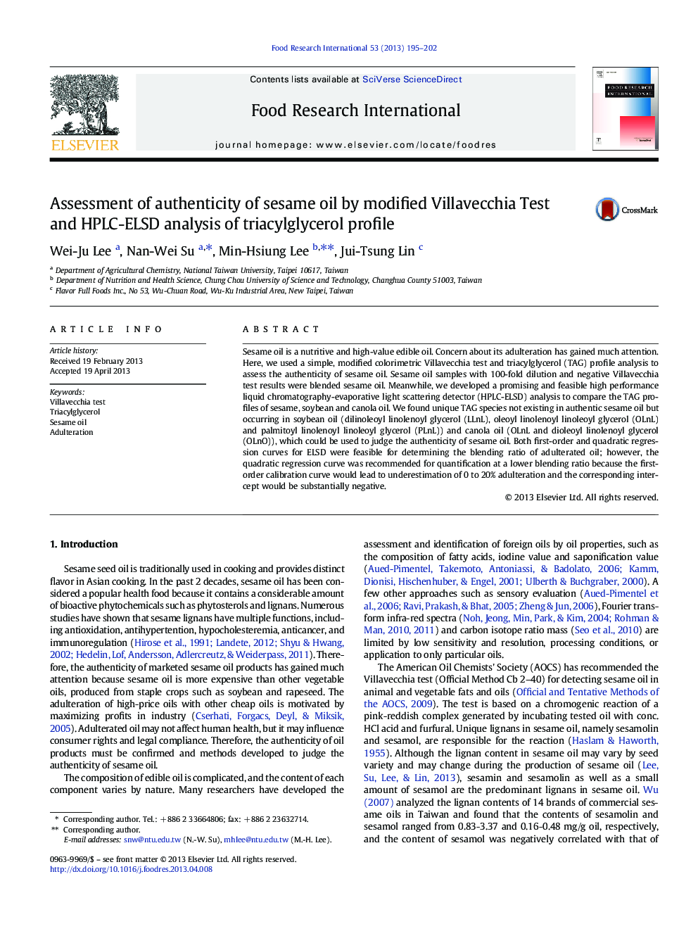 Assessment of authenticity of sesame oil by modified Villavecchia Test and HPLC-ELSD analysis of triacylglycerol profile