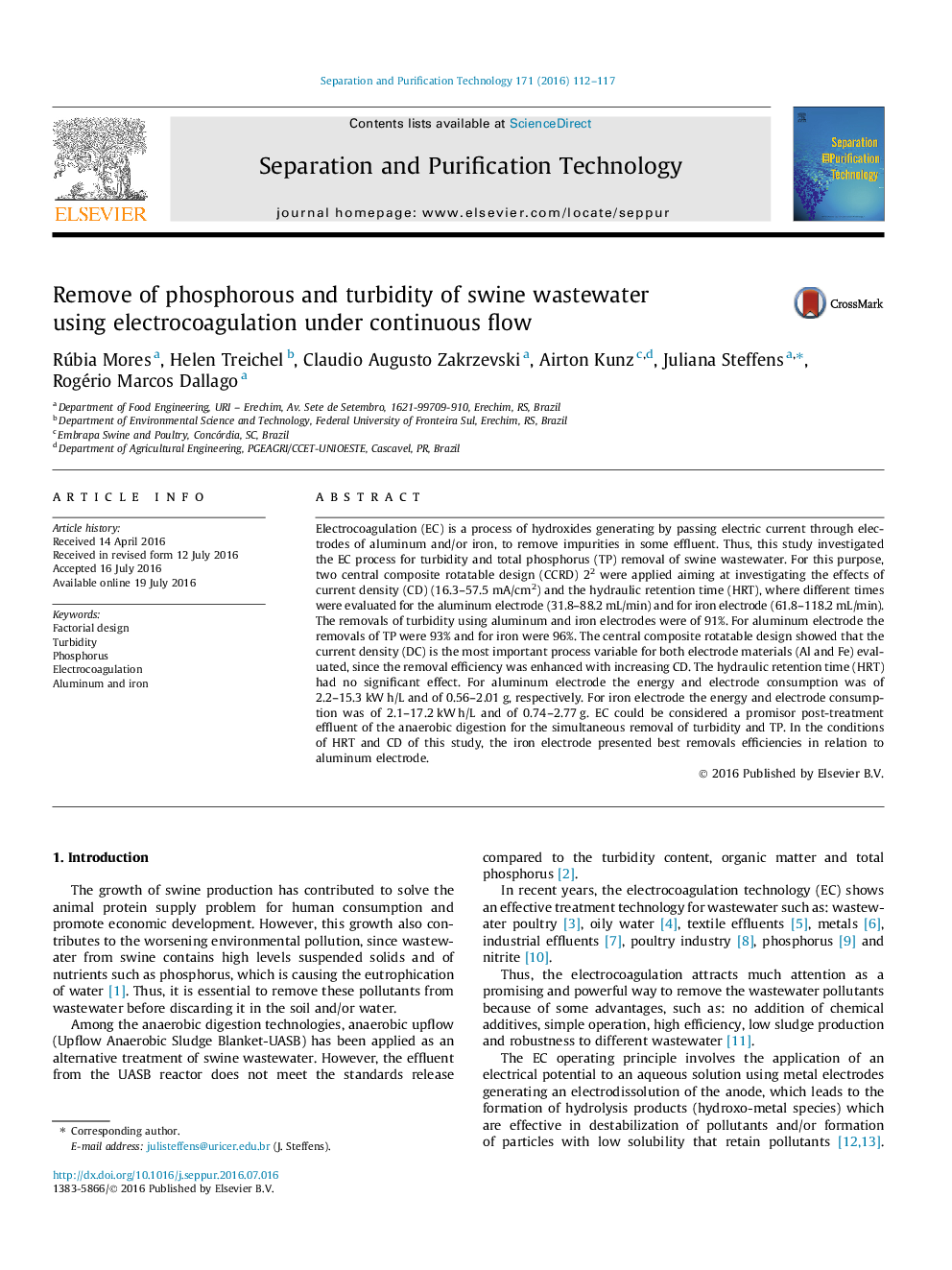 Remove of phosphorous and turbidity of swine wastewater using electrocoagulation under continuous flow