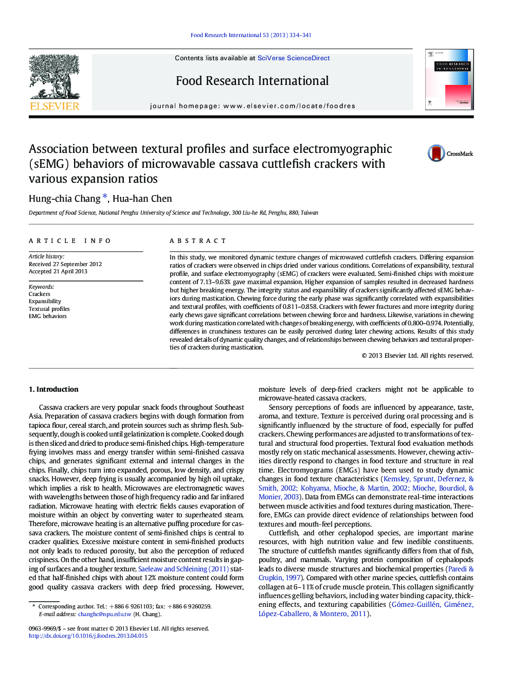 عکس صفحه اول مقاله: Association between textural profiles and surface electromyographic (sEMG) behaviors of microwavable cassava cuttlefish crackers with various expansion ratios Association between textural profiles and surface electromyographic (sEMG) behaviors of microwavable cassava cuttlefish crackers with various expansion ratios