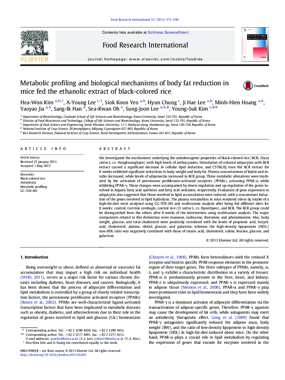 Metabolic profiling and biological mechanisms of body fat reduction in mice fed the ethanolic extract of black-colored rice