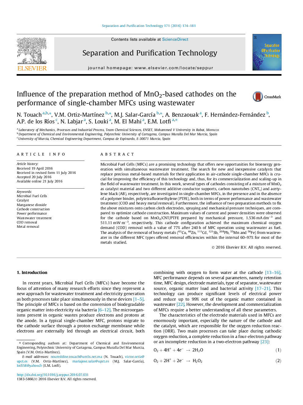 Influence of the preparation method of MnO2-based cathodes on the performance of single-chamber MFCs using wastewater