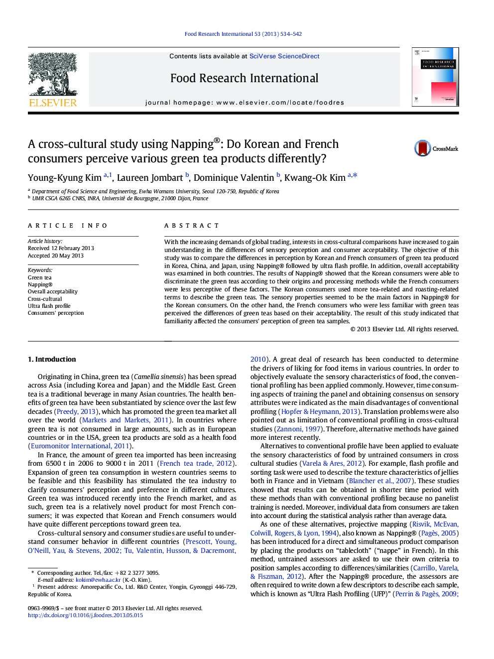 A cross-cultural study using Napping®: Do Korean and French consumers perceive various green tea products differently?