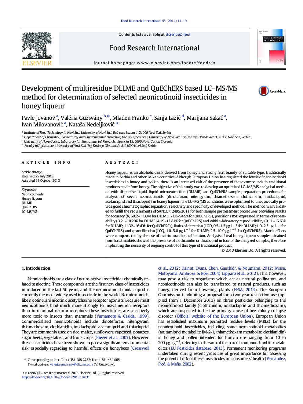 Development of multiresidue DLLME and QuEChERS based LC-MS/MS method for determination of selected neonicotinoid insecticides in honey liqueur