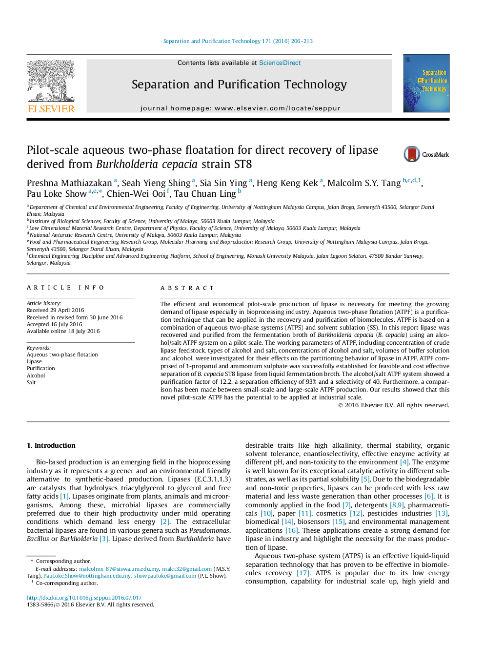 Pilot-scale aqueous two-phase floatation for direct recovery of lipase derived from Burkholderia cepacia strain ST8